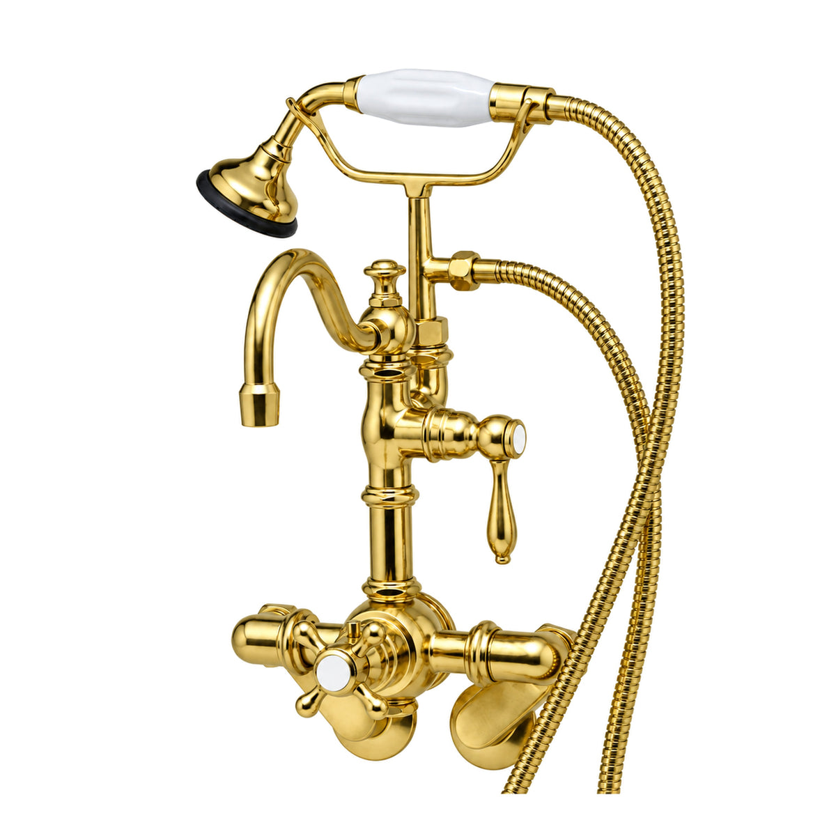 Thermostatic Wall Mount Tub Faucet w/ Handheld P1067 in Supercoat Brass / Polished Brass