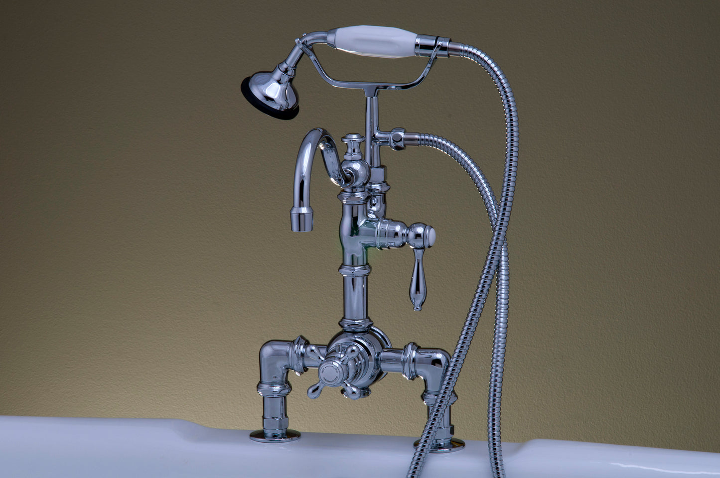 Strom Living Thermostatic Deck Mount Tub Faucet with Diverter and Handheld Shower