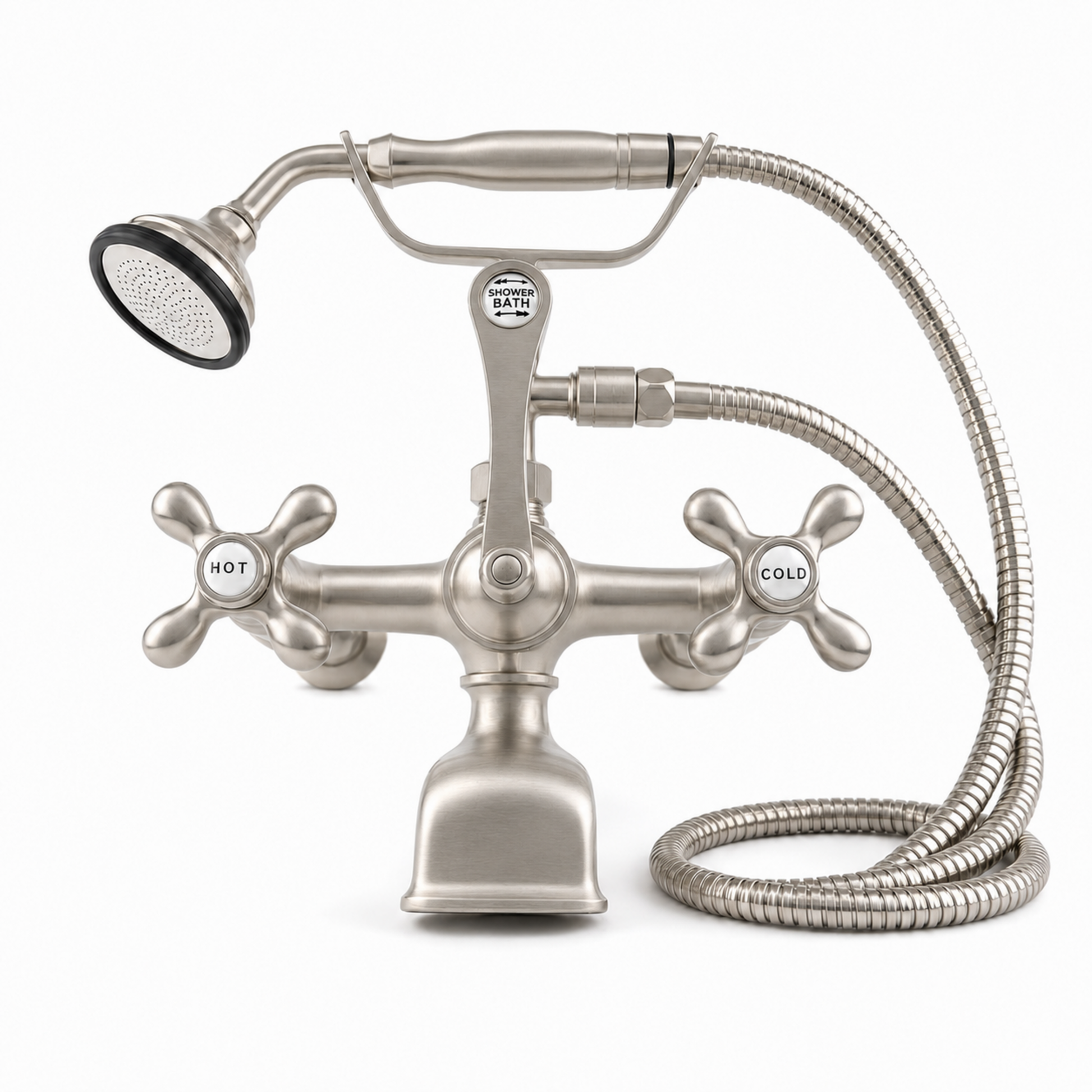 Wall Mount Tub Filler Faucet with Cross Handles P1078 | Strom Living Matte Nickel With Handheld Shower - Tub Fillers