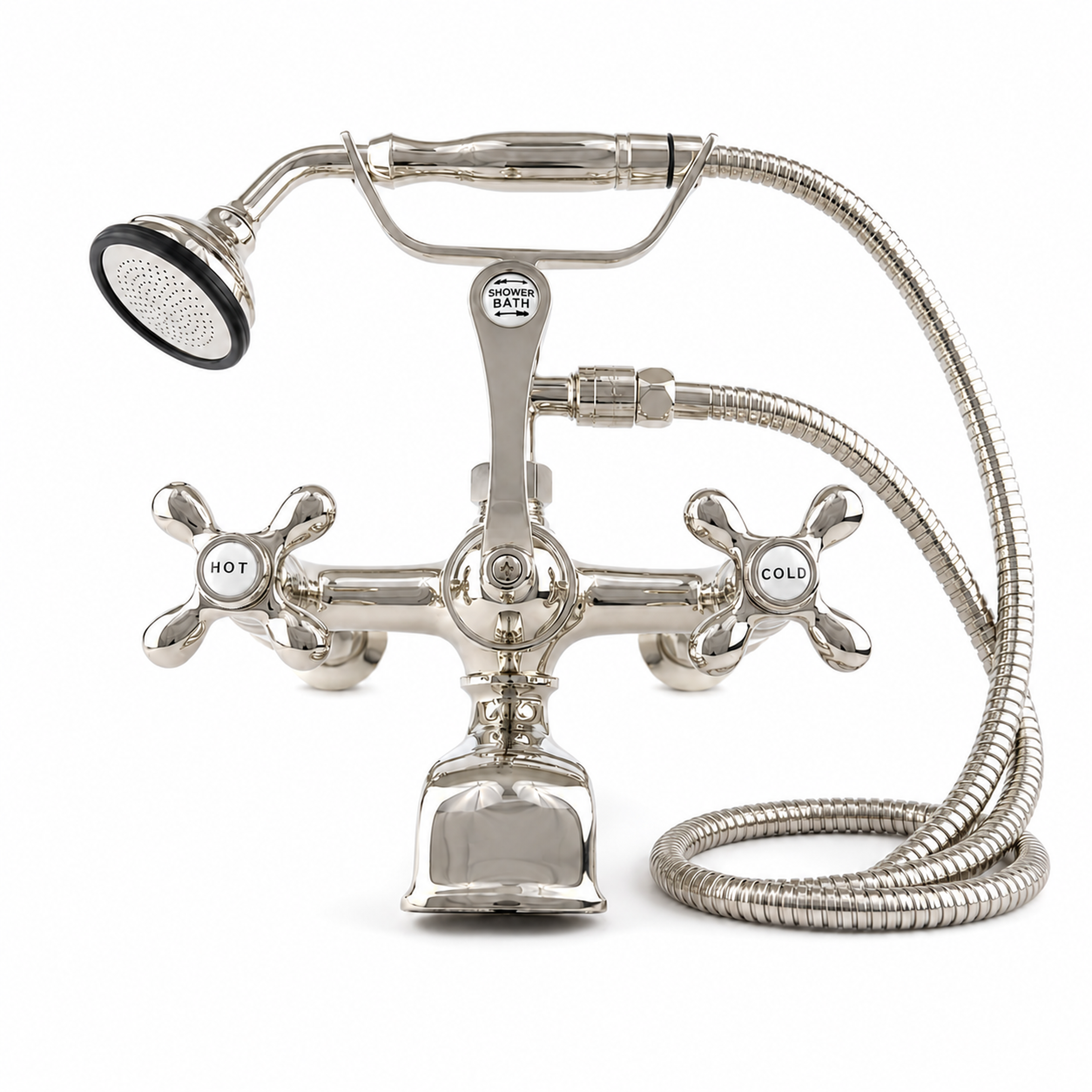 Wall Mount Tub Filler Faucet with Cross Handles P1078 | Strom Living Polished Nickel With Handheld Shower - Tub Fillers