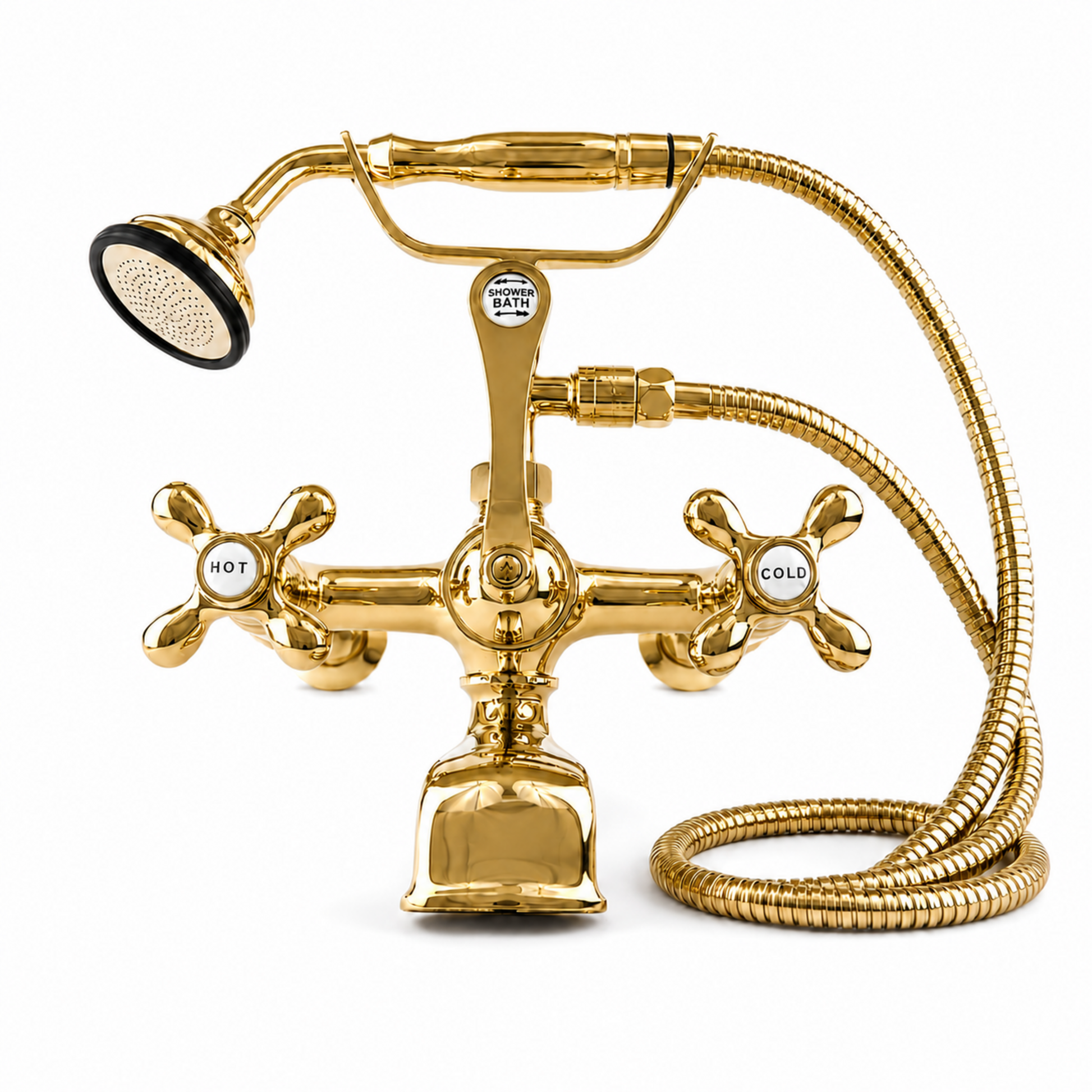 Wall Mount Tub Filler Faucet with Cross Handles P1078 | Strom Living Supercoat Brass With Handheld Shower - Tub Fillers