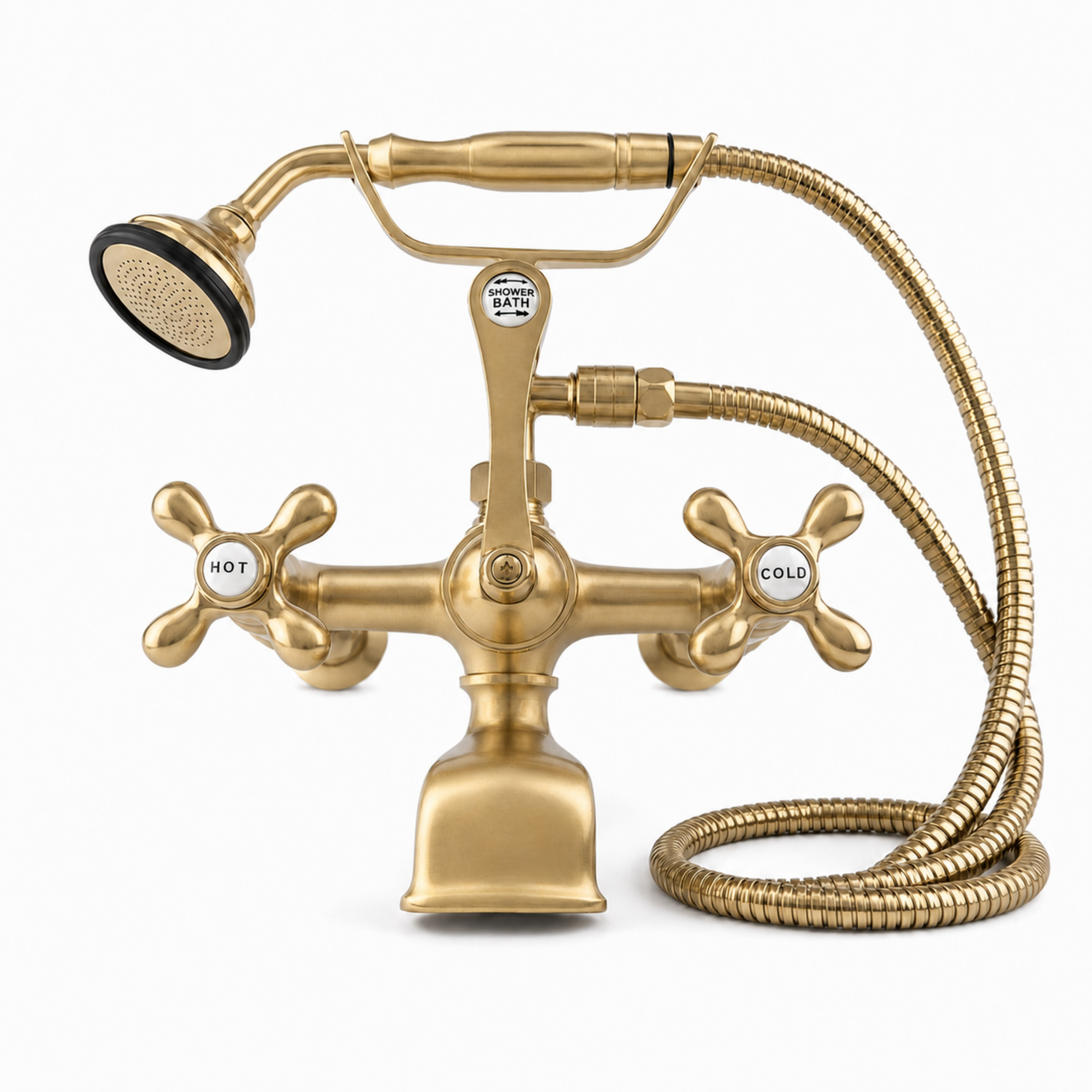 Wall Mount Tub Filler Faucet with Cross Handles P1078 | Strom Living Raw Brass With Handheld Shower - Tub Fillers