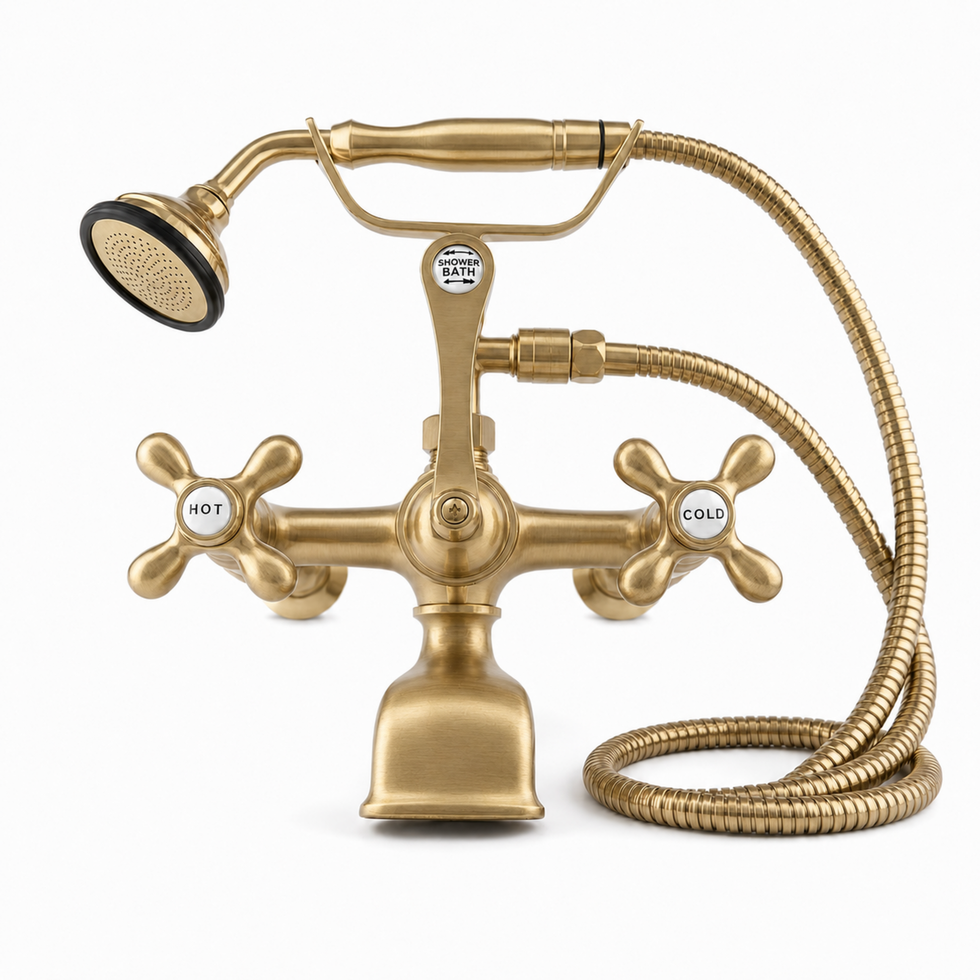 Wall Mount Tub Filler Faucet with Cross Handles P1078 | Strom Living Satin Brass With Handheld Shower - Tub Fillers