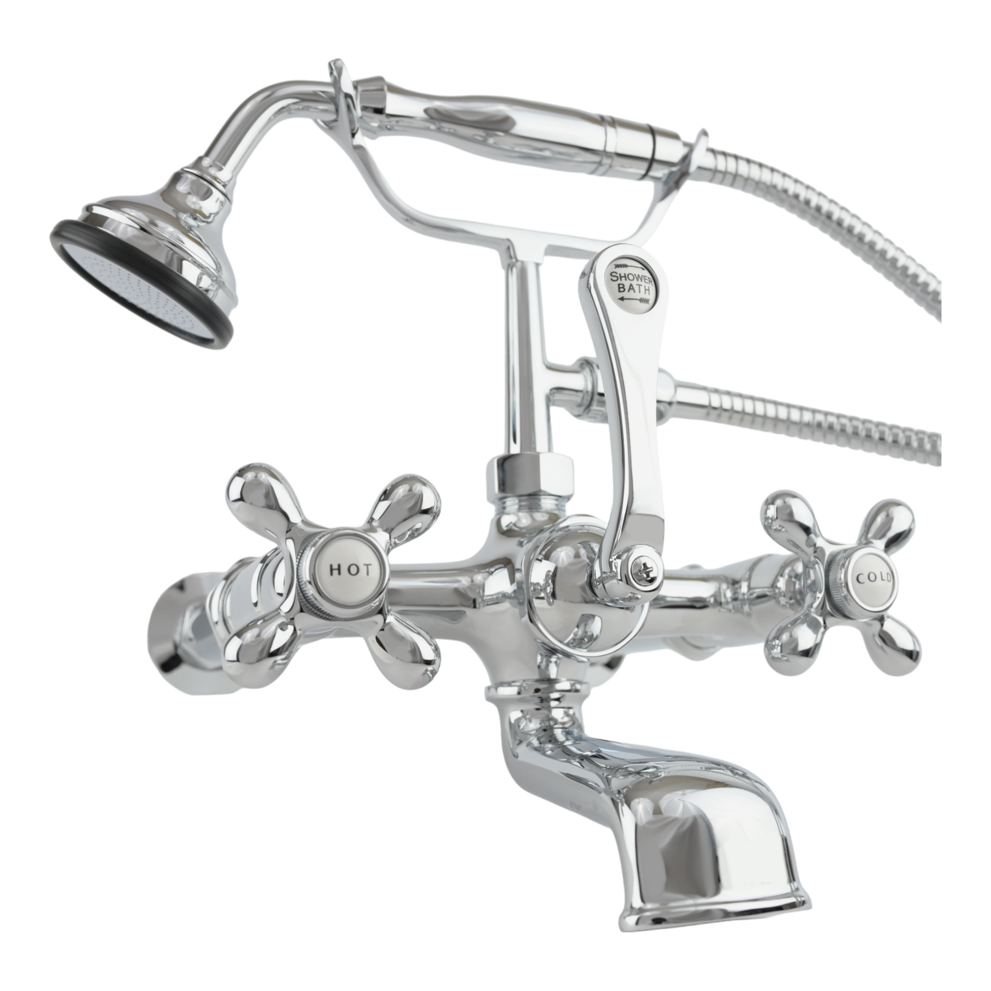 Wall Mount Tub Filler Faucet with Cross Handles P1078 | Strom Living Chrome With Handheld Shower - Tub Fillers