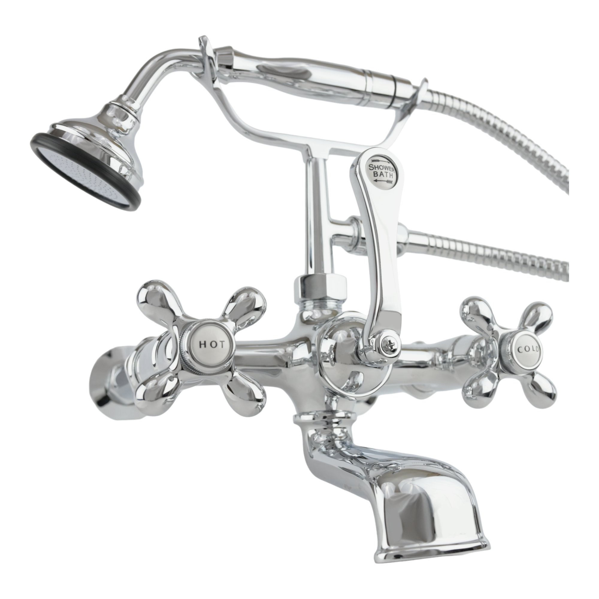 Wall Mount Tub Filler Faucet with Cross Handles P1078 | Strom Living Chrome With Handheld Shower - Tub Fillers