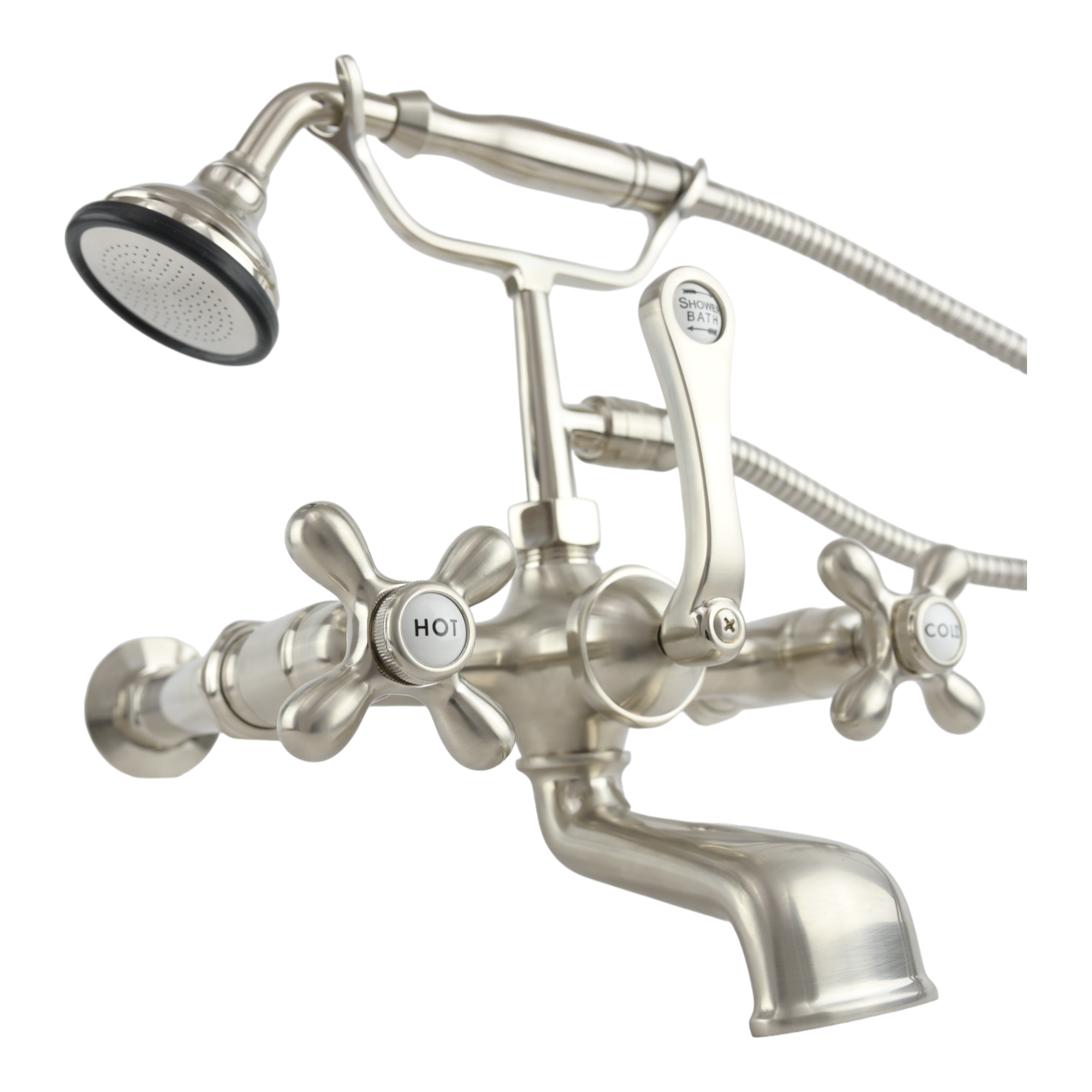 Wall Mount Tub Filler Faucet with Cross Handles P1078 | Strom Living Matte Nickel With Handheld Shower - Tub Fillers