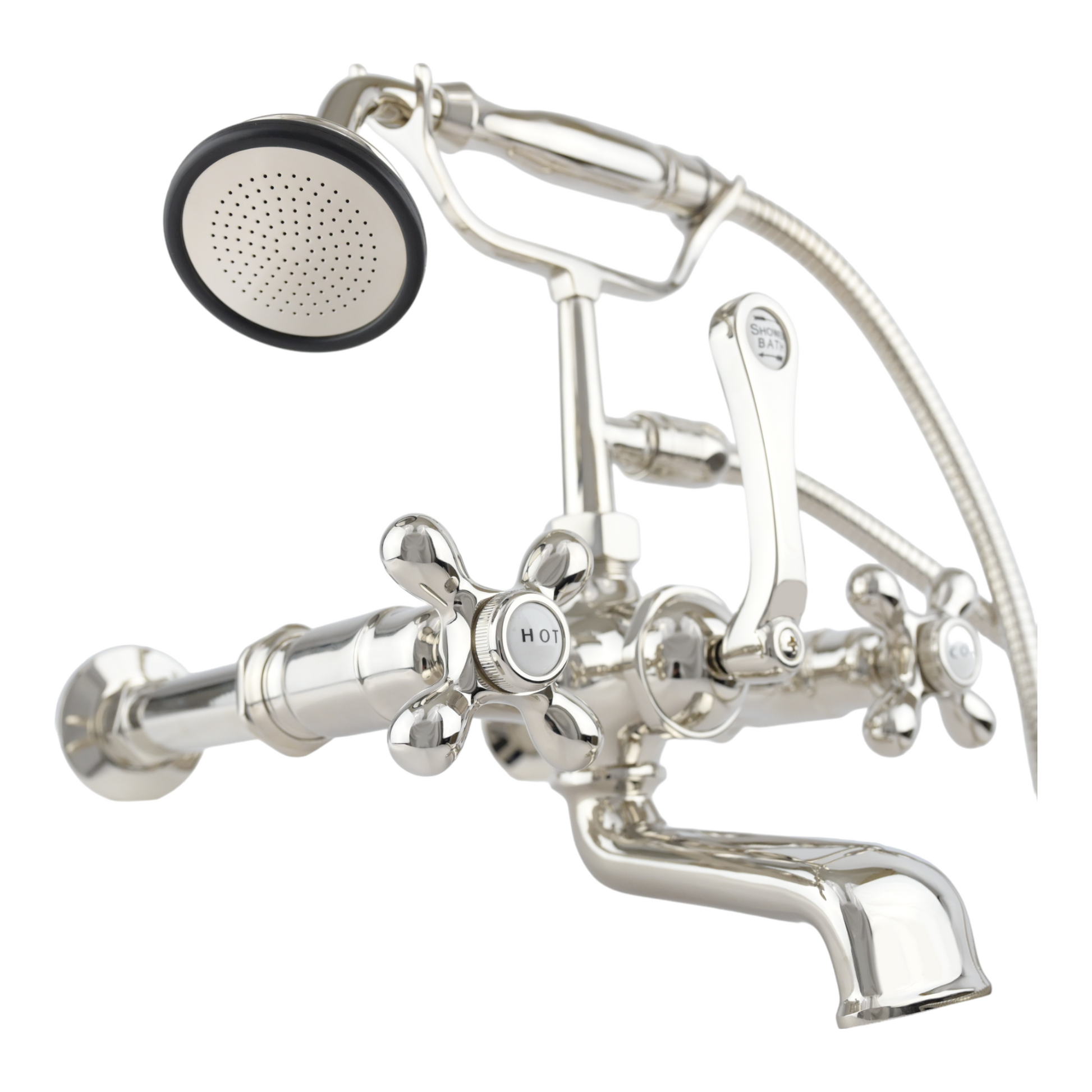 Wall Mount Tub Filler Faucet with Cross Handles P1078 | Strom Living Polished Nickel With Handheld Shower - Tub Fillers