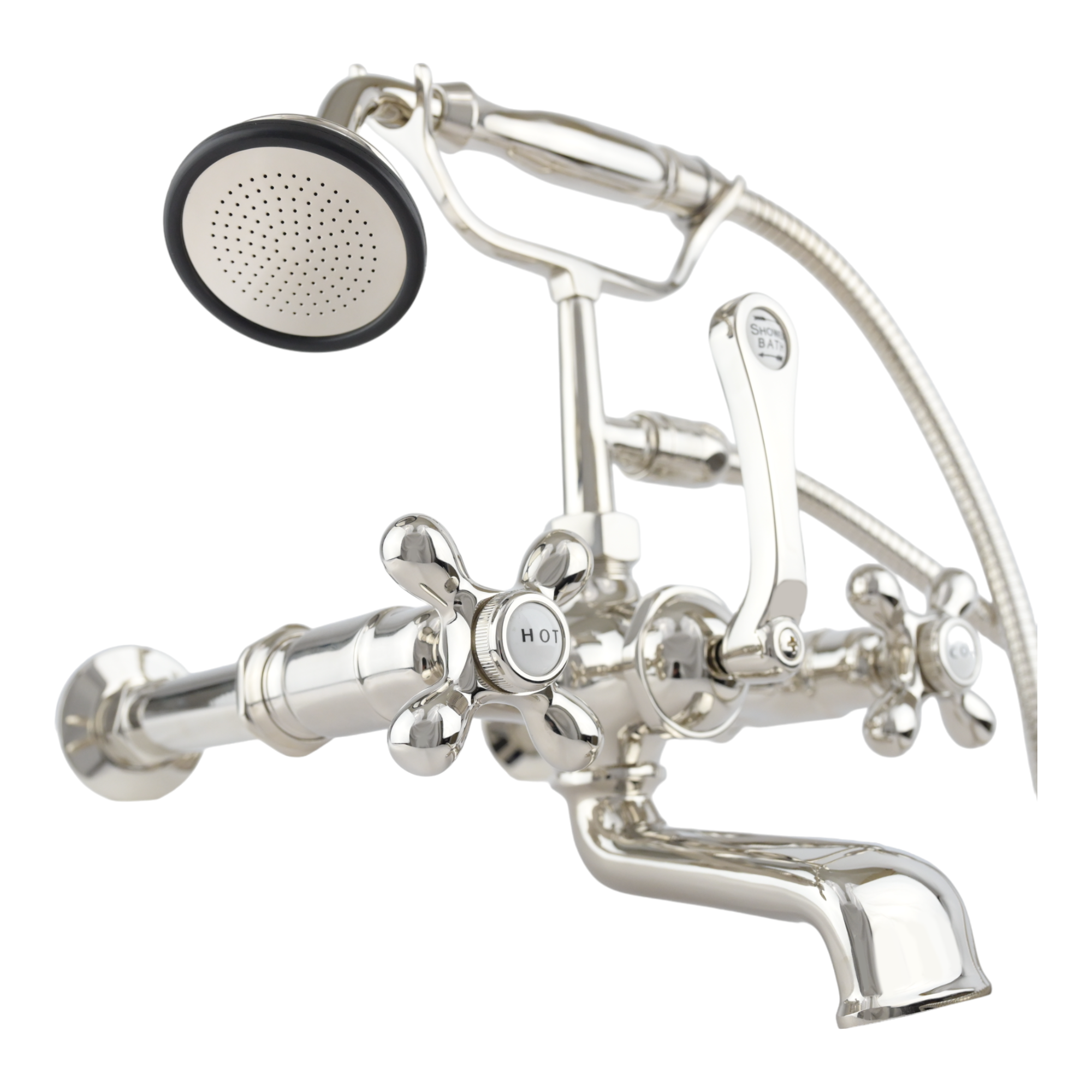 Wall Mount Tub Filler Faucet with Cross Handles P1078 | Strom Living Polished Nickel With Handheld Shower - Tub Fillers