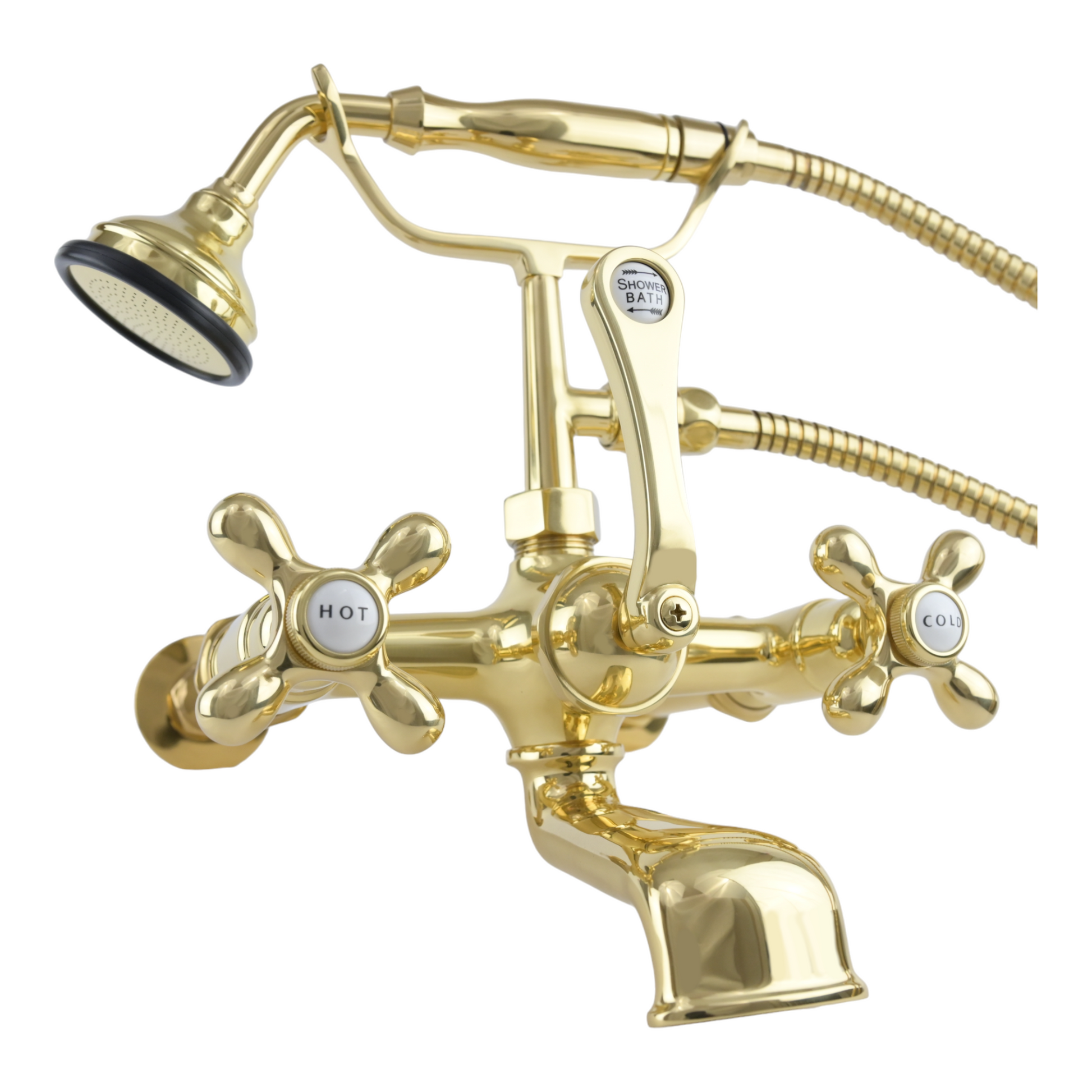 Wall Mount Tub Filler Faucet with Cross Handles P1078 | Strom Living Polished Brass With Handheld Shower - Tub Fillers