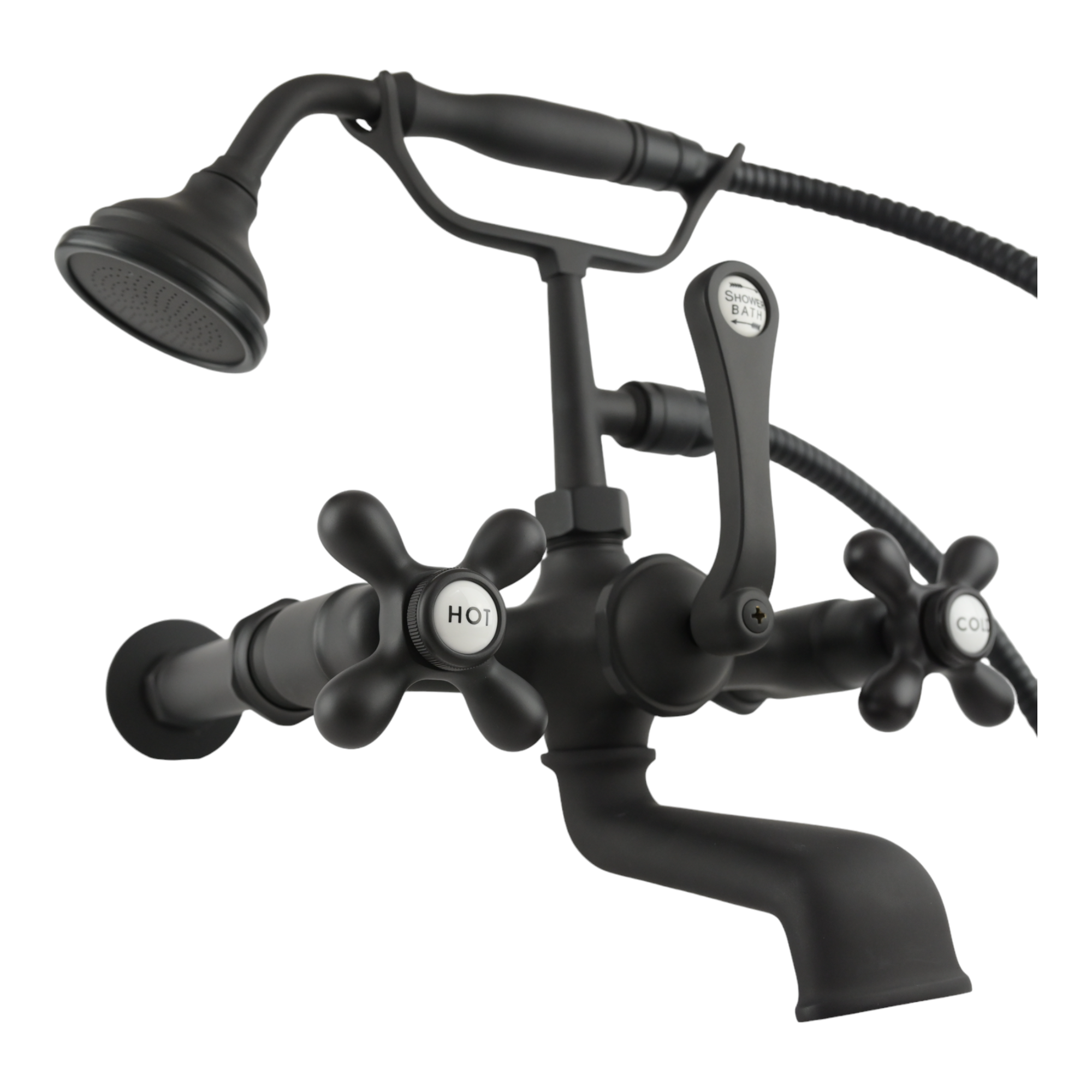 Wall Mount Tub Filler Faucet with Cross Handles P1078 | Strom Living Satin Black With Handheld Shower - Tub Fillers