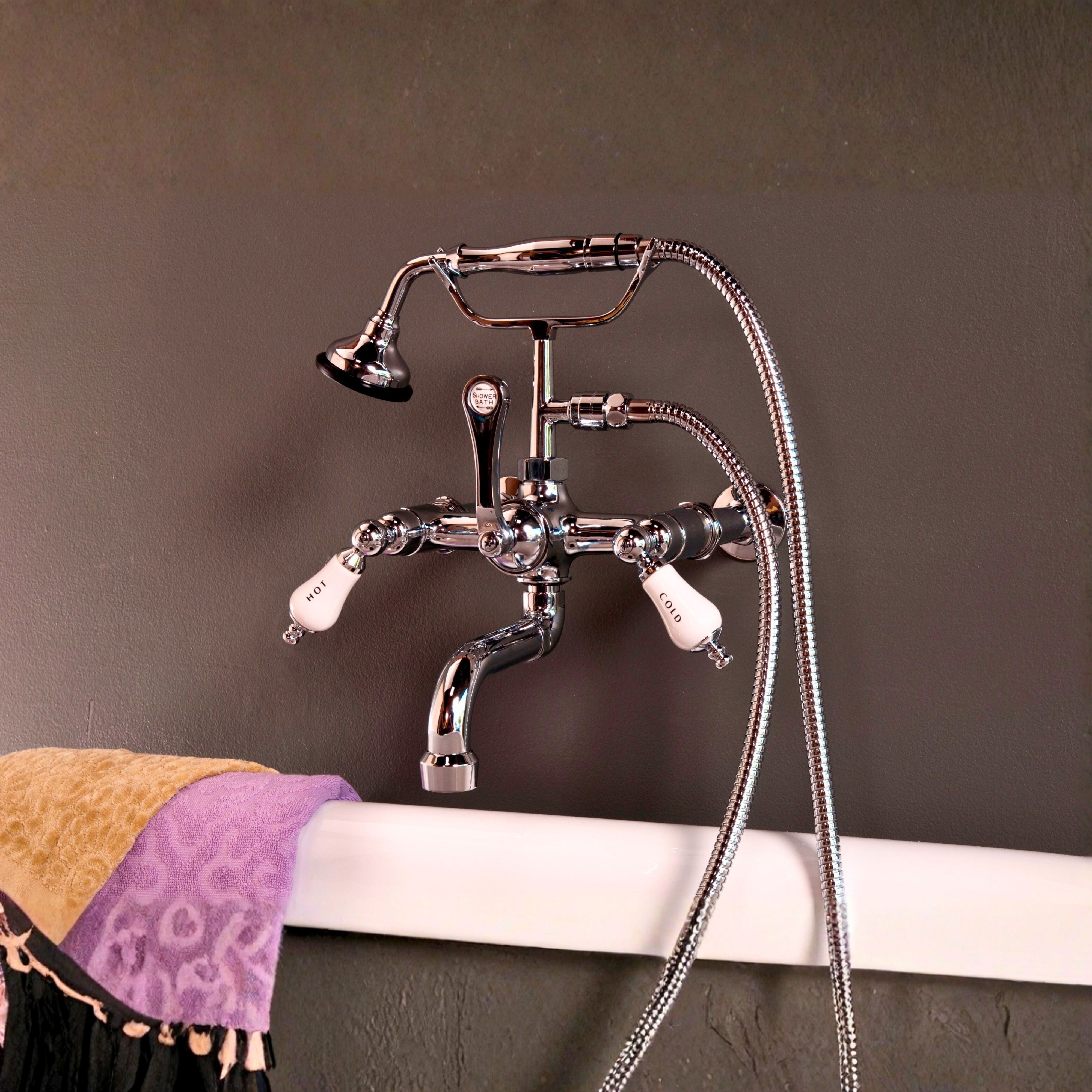 Wall Mount Telephone Faucet w/ Porcelain Handles P1079 | Strom Living - Tub Fillers