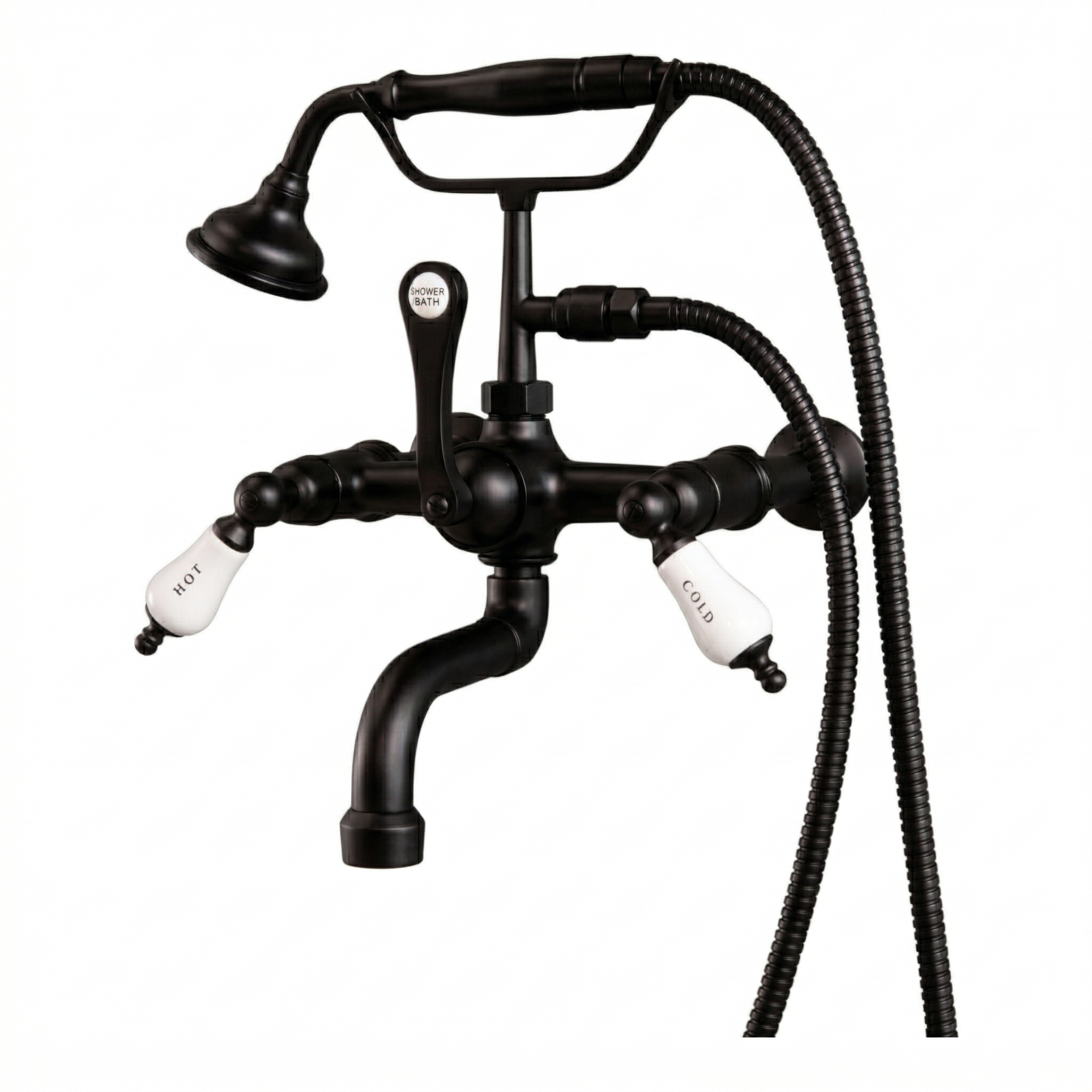 Wall Mount Telephone Faucet w/ Porcelain Handles P1079 | Strom Living Satin Black - Tub Fillers