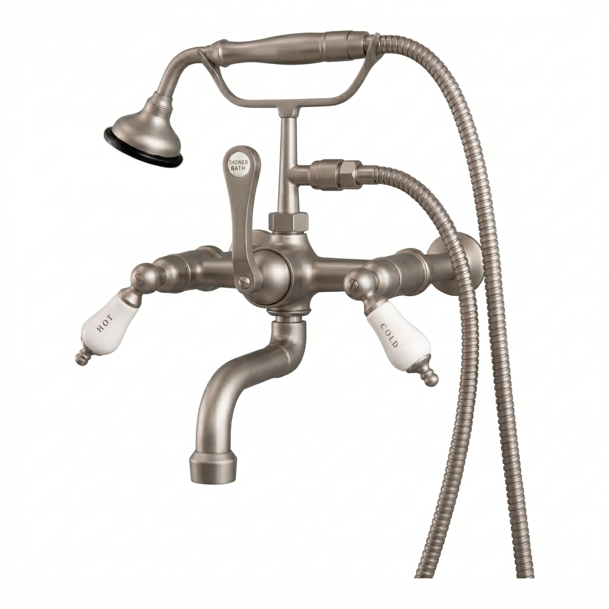 Wall Mount Telephone Faucet w/ Porcelain Handles P1079 | Strom Living Matte Nickel - Tub Fillers