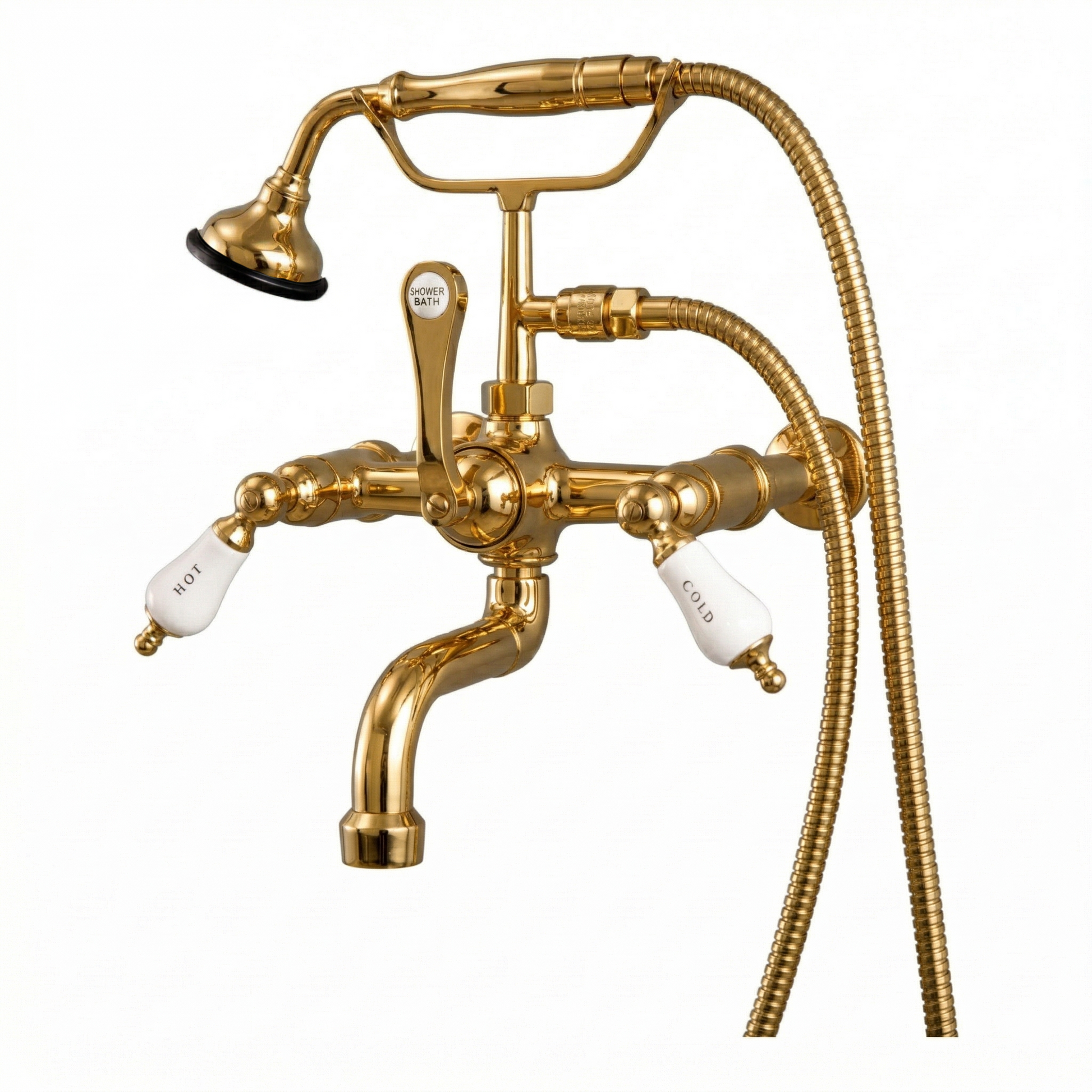 Wall Mount Telephone Faucet w/ Porcelain Handles P1079 | Strom Living Polished Brass - Tub Fillers