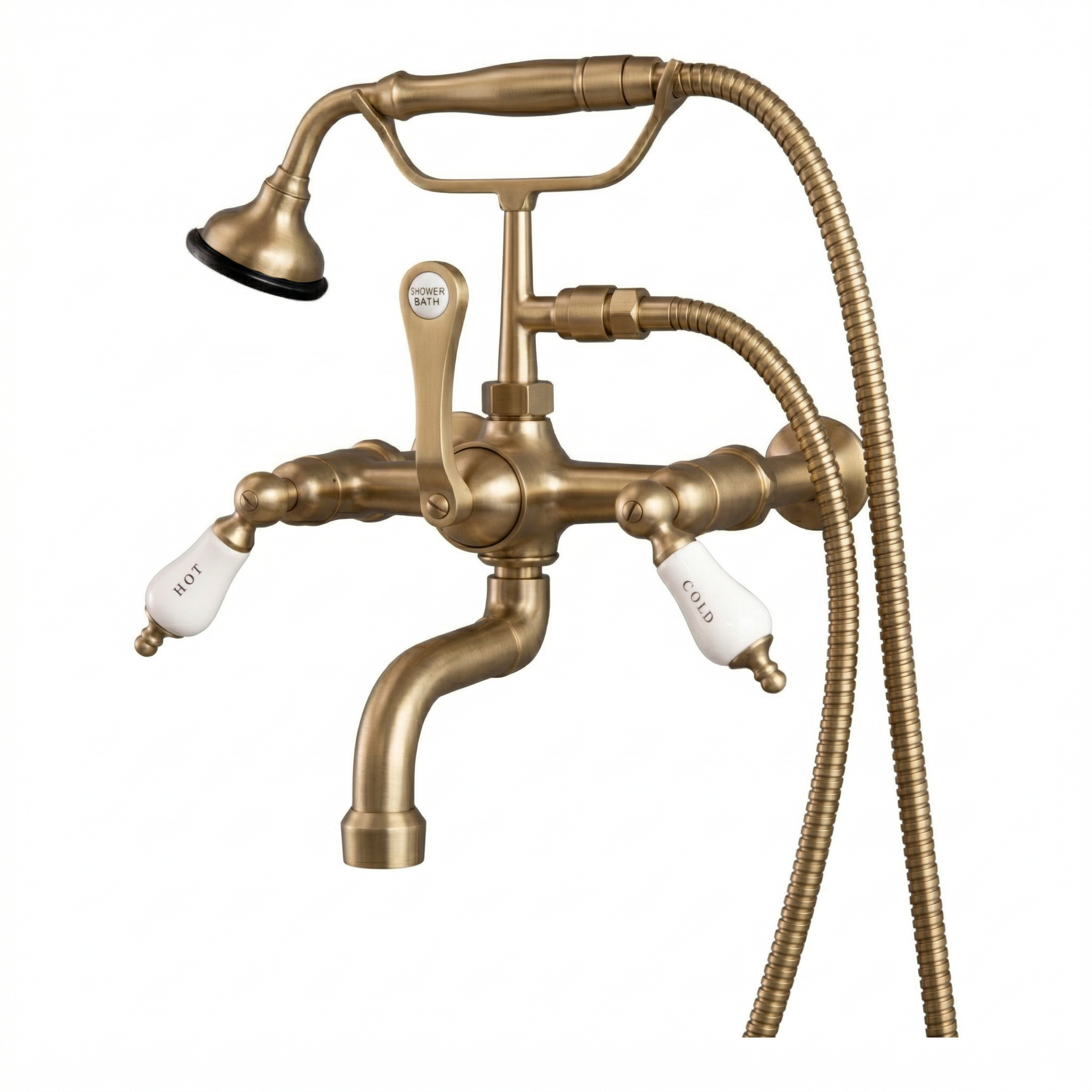 Wall Mount Telephone Faucet w/ Porcelain Handles P1079 | Strom Living Raw Brass - Tub Fillers