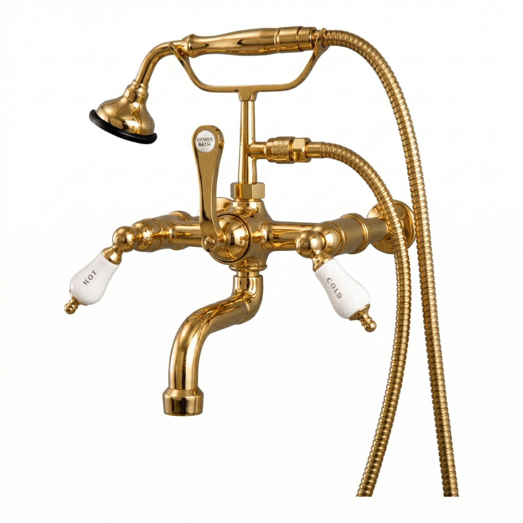 Wall Mount Telephone Faucet w/ Porcelain Handles P1079 | Strom Living Supercoat Brass - Tub Fillers