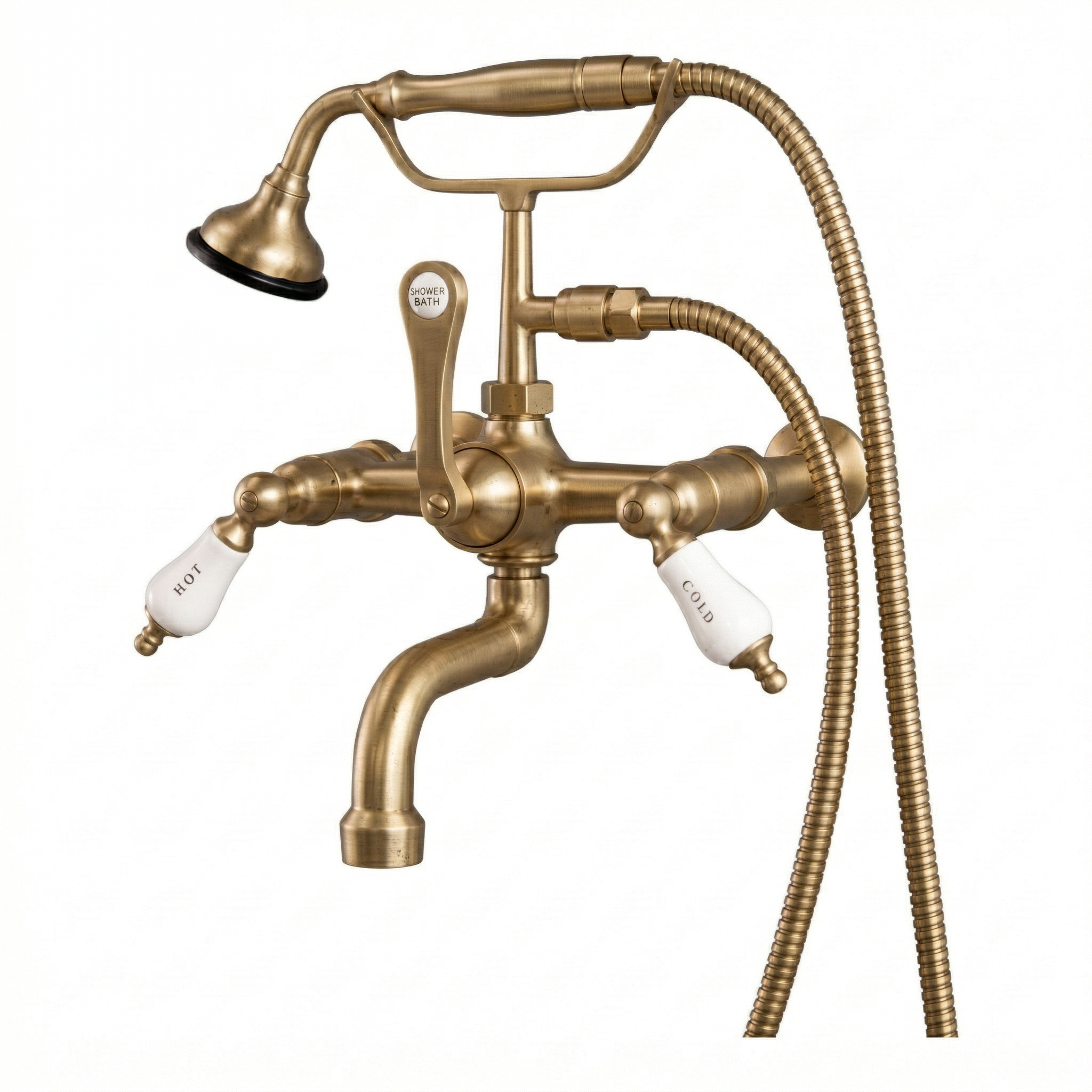 Wall Mount Telephone Faucet w/ Porcelain Handles P1079 | Strom Living Satin Brass - Tub Fillers