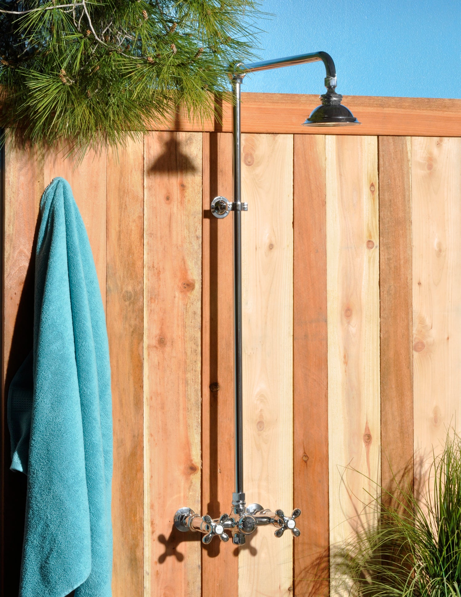 Outdoor Exposed Thermostatic Shower System 36" Wall Mounted Set with 12" Shower Head and Cross Handels in Chrome