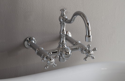 Strom Living British Telephone Wall Mounted Tub Faucet with Fixed Arch Spout and 5 Spoke Handles