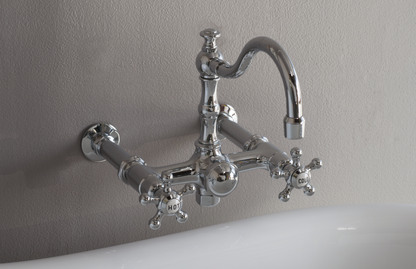 Strom Living British Telephone Wall Mounted Tub Faucet with Fixed Arch Spout and 5 Spoke Handles