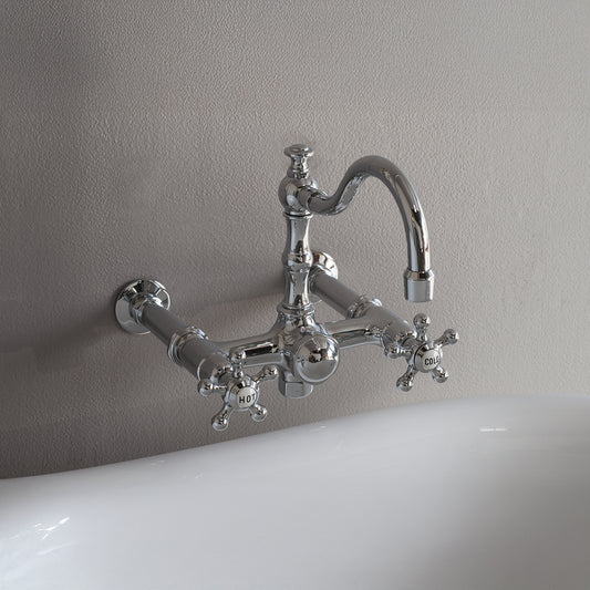 Strom Living British Telephone Wall Mounted Tub Faucet with Fixed Arch Spout and 5 Spoke Handles