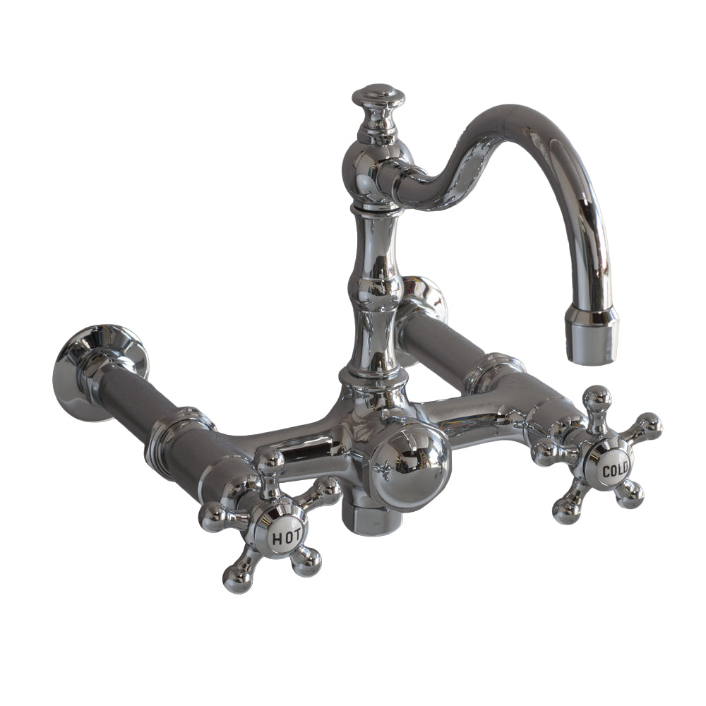 British Telephone Wall Mount Tub Faucet with Fixed Arch Spout and 5 Spoke Handles P1124 | Strom Living