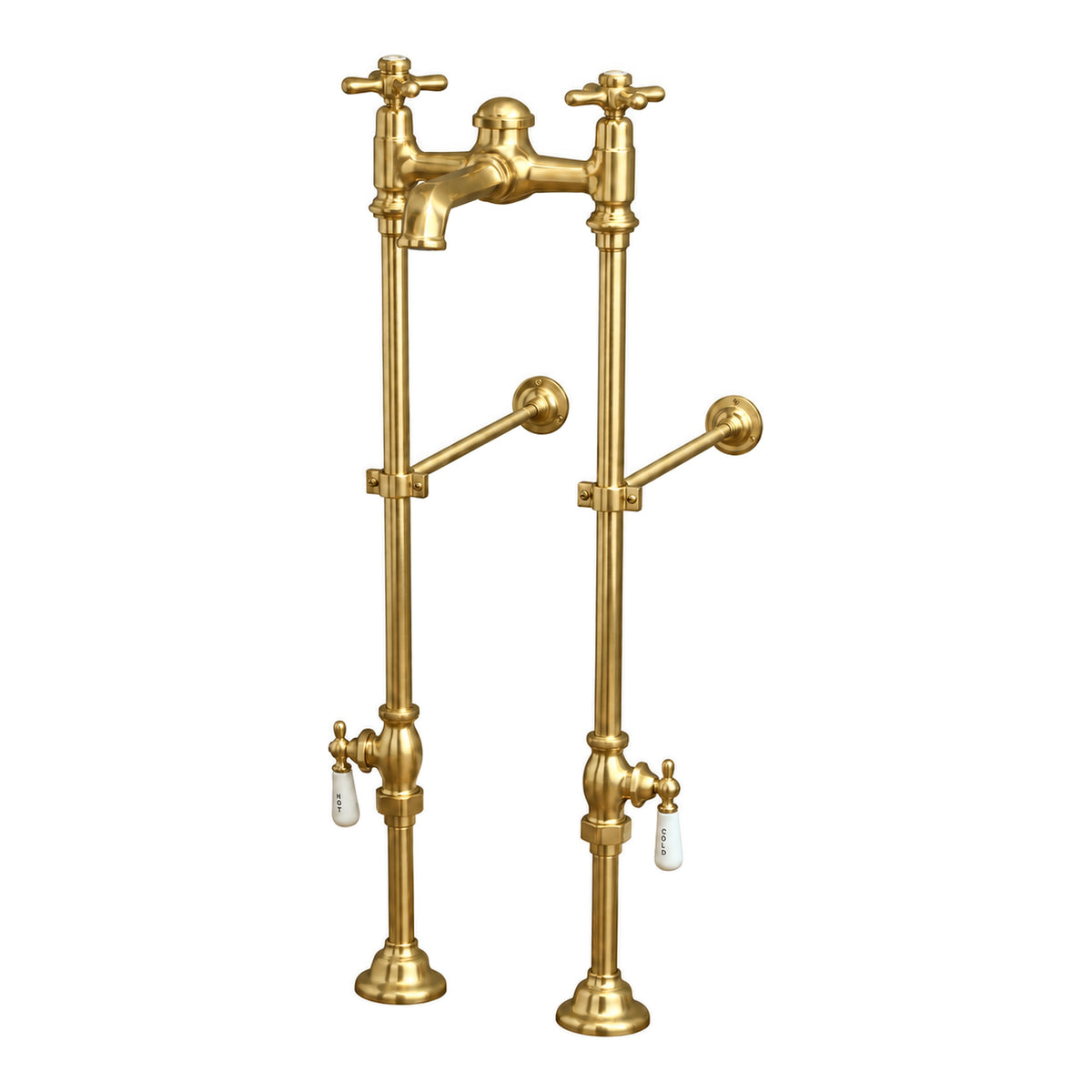 Freestanding Tub Filler 29" with 7" Spout Extension and Rim Supply Set Kit P1146 in Satin Brass