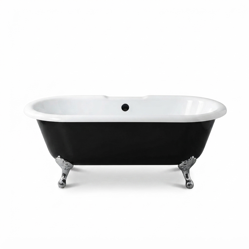 The Arcadia Black and White 66" Double Ended Clawfoot Acrylic Tub without Faucet Holes P1158 | Strom Living Chrome - Bathtubs