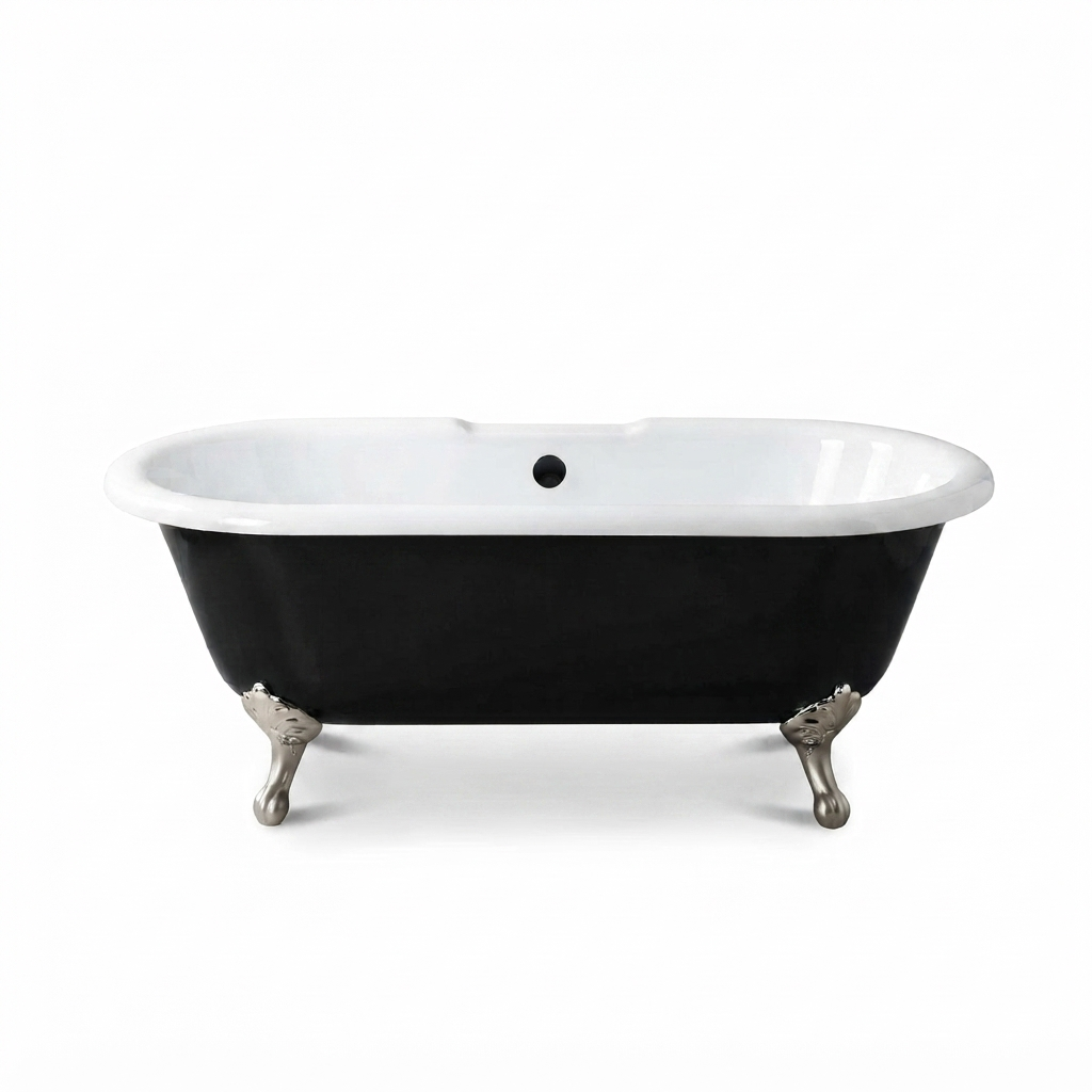 The Arcadia Black and White 66" Double Ended Clawfoot Acrylic Tub without Faucet Holes P1158 | Strom Living Matte Nickel - Bathtubs