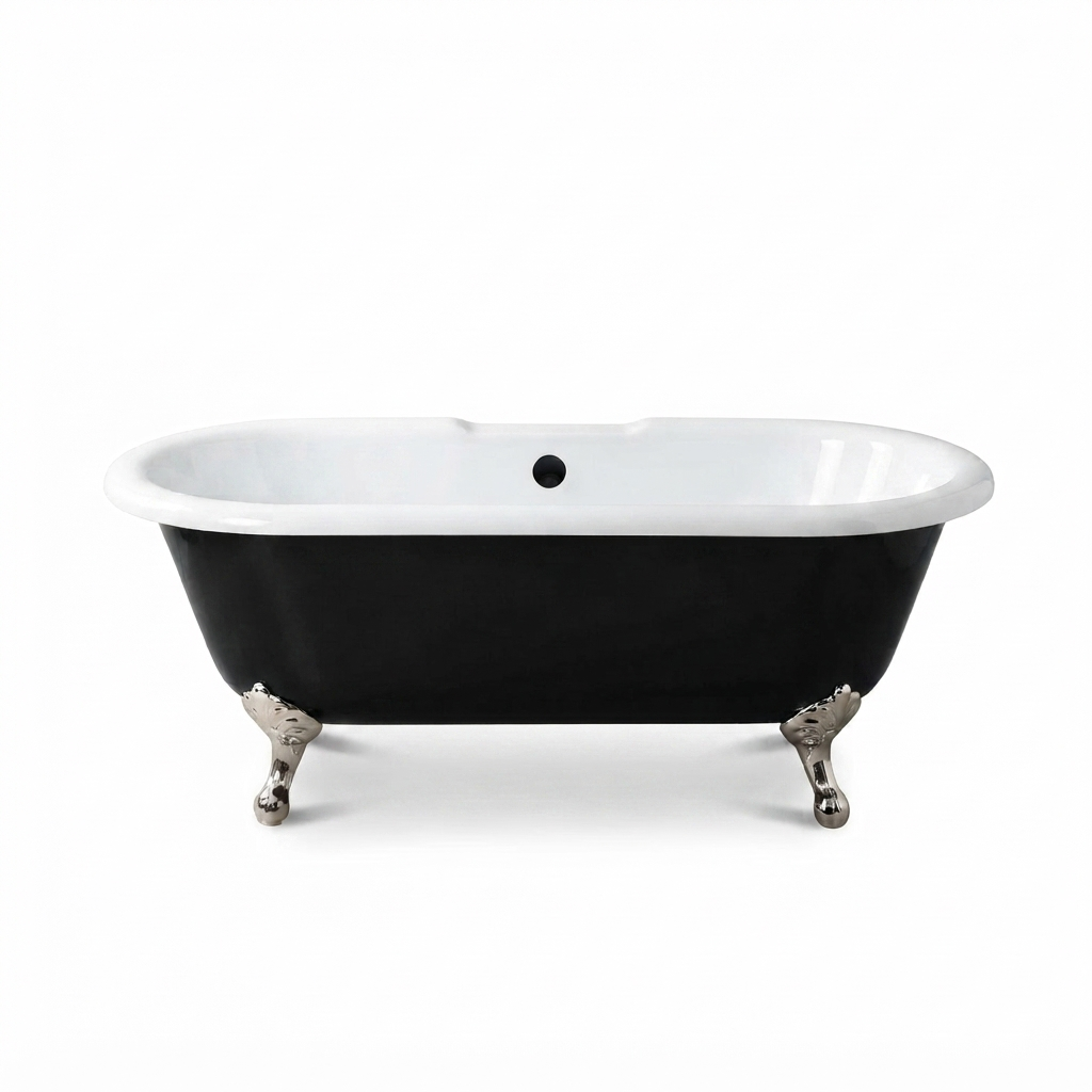 The Arcadia Black and White 66" Double Ended Clawfoot Acrylic Tub without Faucet Holes P1158 | Strom Living Polished Nickel - Bathtubs