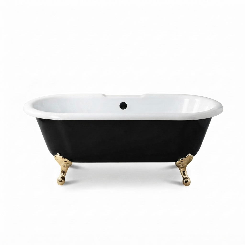 The Arcadia Black and White 66" Double Ended Clawfoot Acrylic Tub without Faucet Holes P1158 | Strom Living Supercoat Brass - Bathtubs