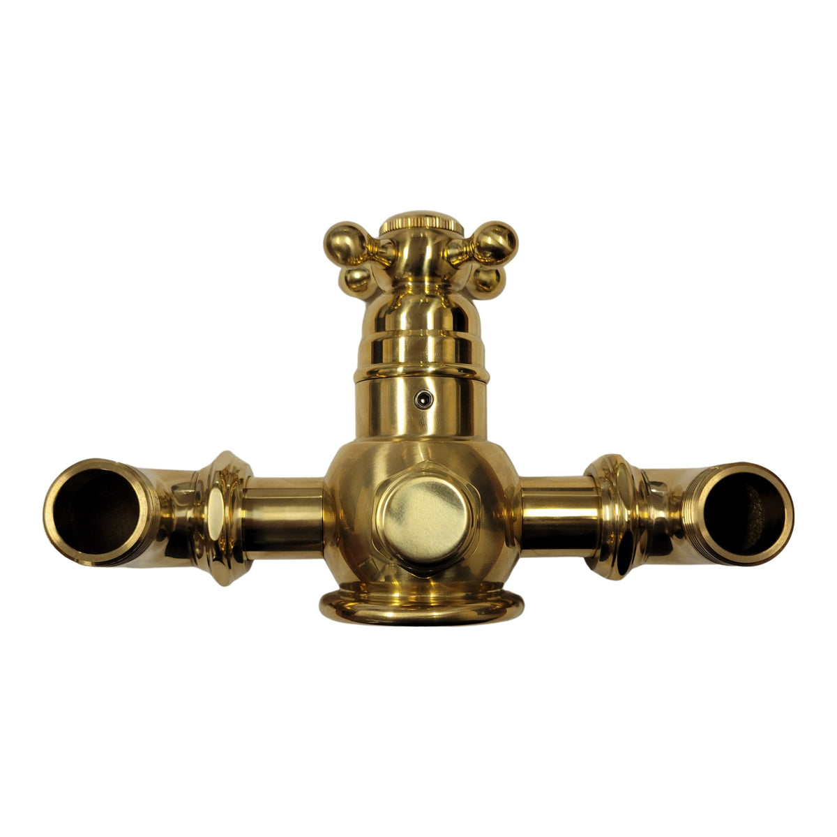 Thermostatic faucet body PP0331 in brass, top view showing inlets and outlet