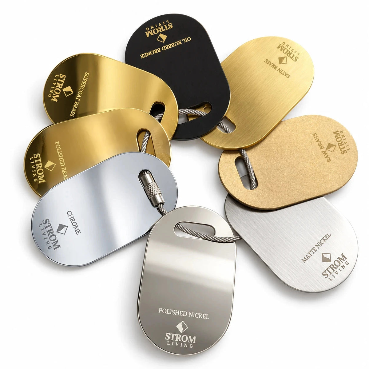 Strom Living Finish Sample Ring: eight brass chips in Chrome, Polished Nickel, Matte Nickel, Supercoat Brass, Polished Brass, Satin Brass, Raw Brass and Oil Rubbed Bronze